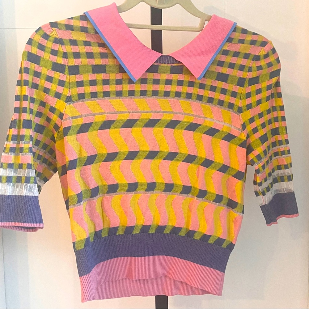 Diane Von Furstenberg Pink, Yellow & Green Short Sleeve Knit Top